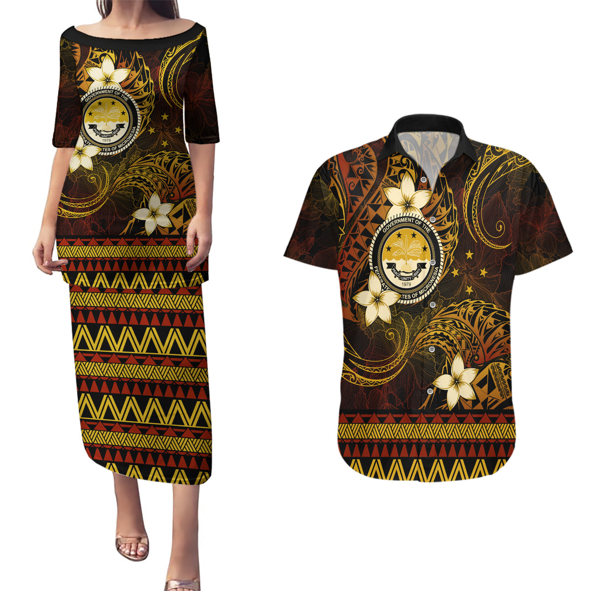FSM Culture Day Couples Matching Puletasi and Hawaiian Shirt Tribal Pattern Gold Version LT01 Gold - Polynesian Pride