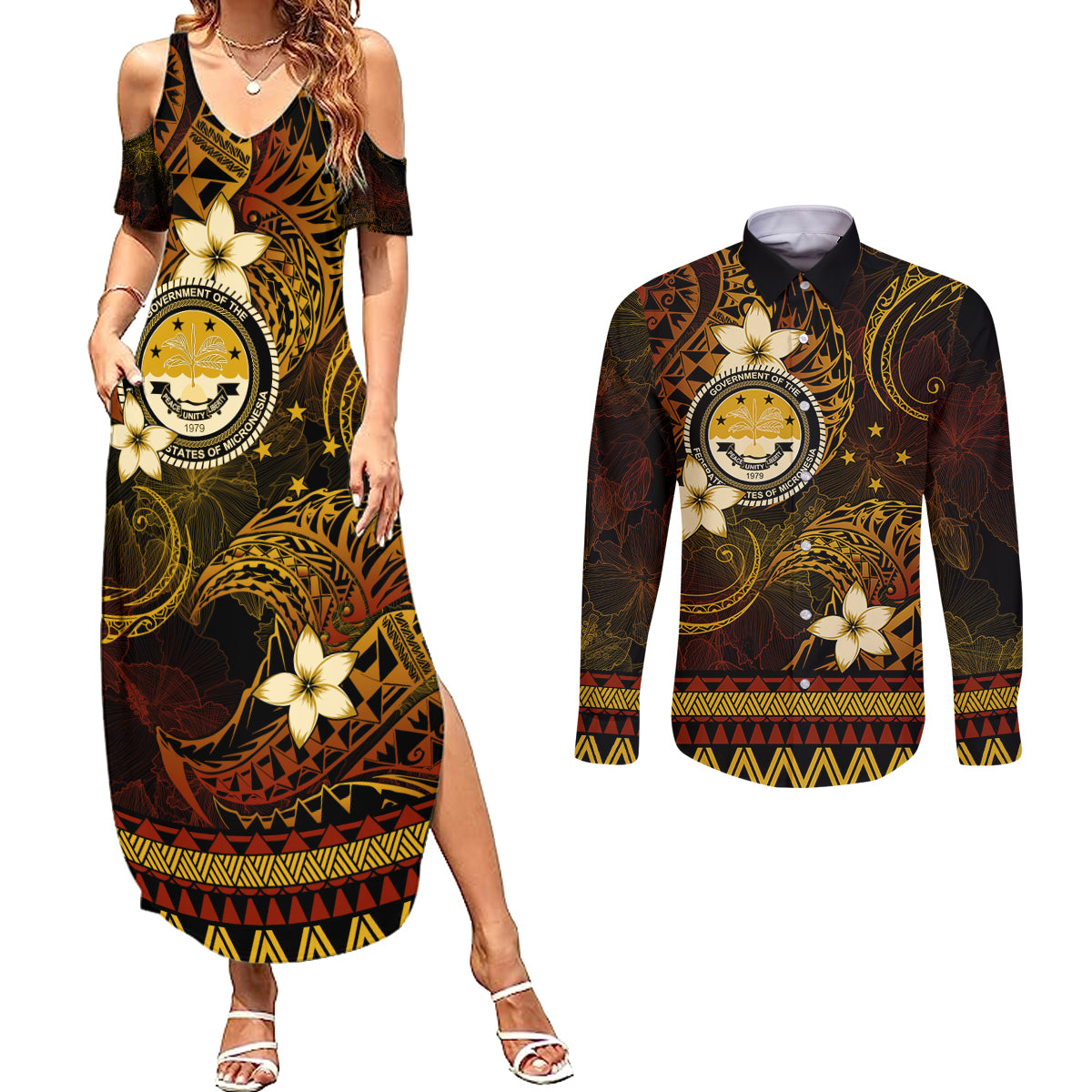 FSM Culture Day Couples Matching Summer Maxi Dress and Long Sleeve Button Shirt Tribal Pattern Gold Version LT01 Gold - Polynesian Pride