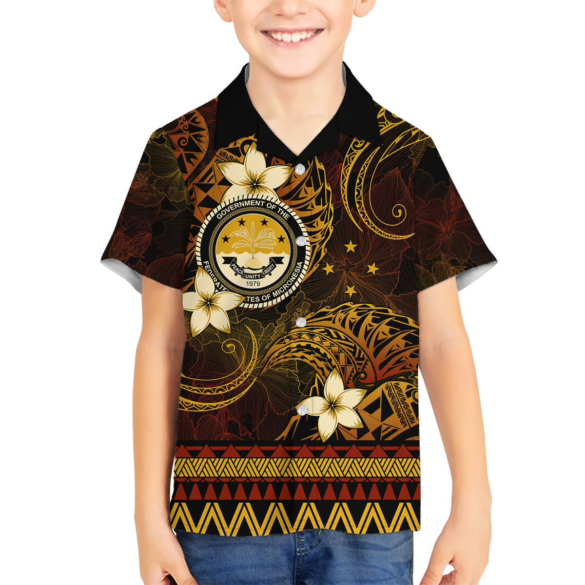 FSM Culture Day Family Matching Tank Maxi Dress and Hawaiian Shirt Tribal Pattern Gold Version LT01 Son's Shirt Gold - Polynesian Pride