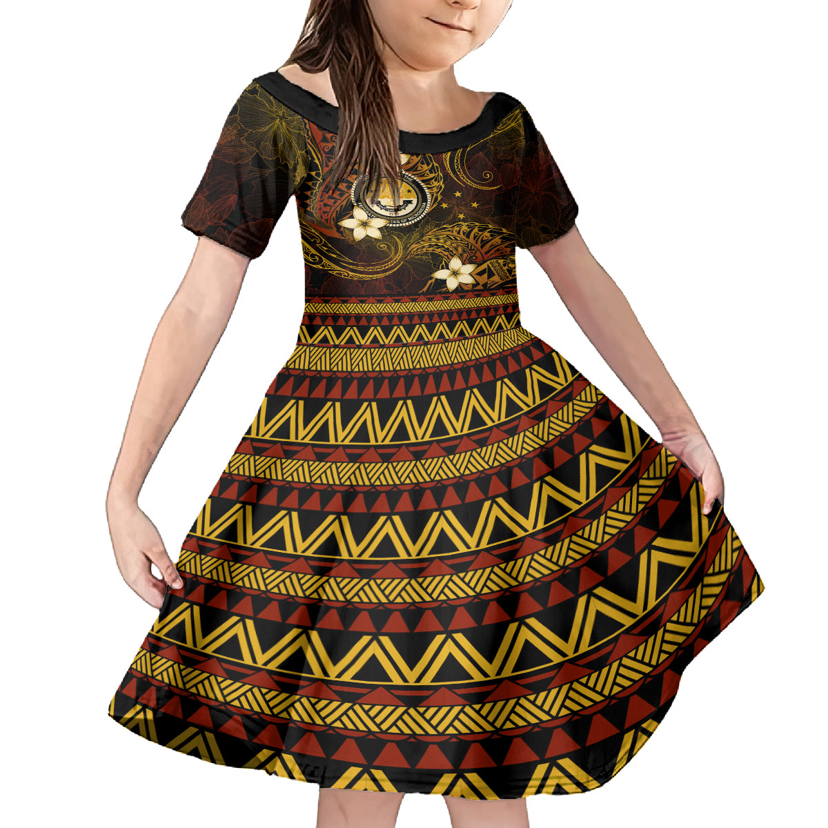 FSM Culture Day Kid Short Sleeve Dress Tribal Pattern Gold Version LT01 KID Gold - Polynesian Pride