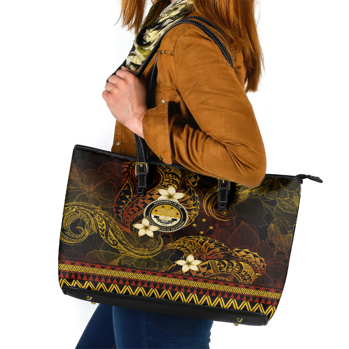 FSM Culture Day Leather Tote Bag Tribal Pattern Gold Version LT01 Gold - Polynesian Pride