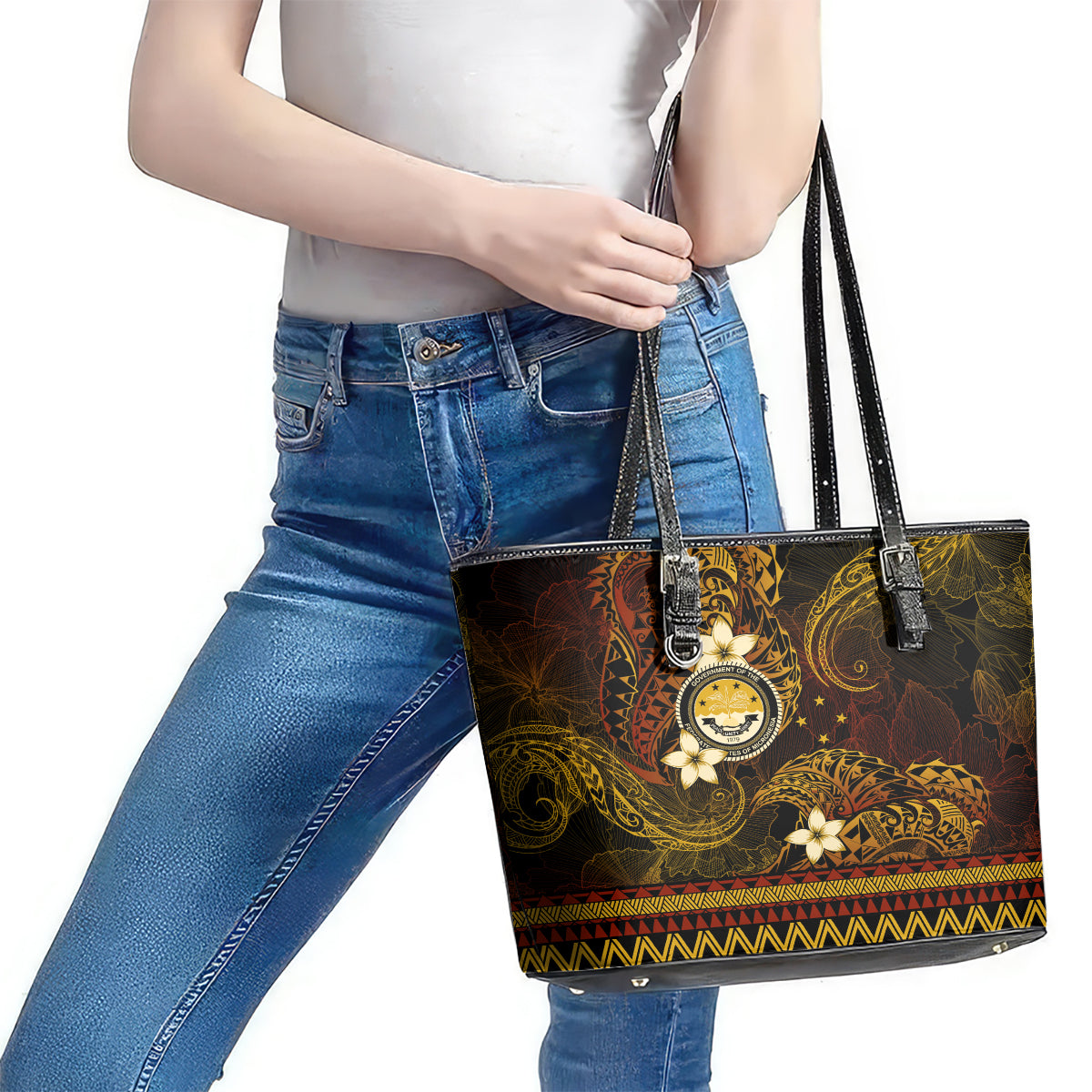 FSM Culture Day Leather Tote Bag Tribal Pattern Gold Version LT01 - Polynesian Pride