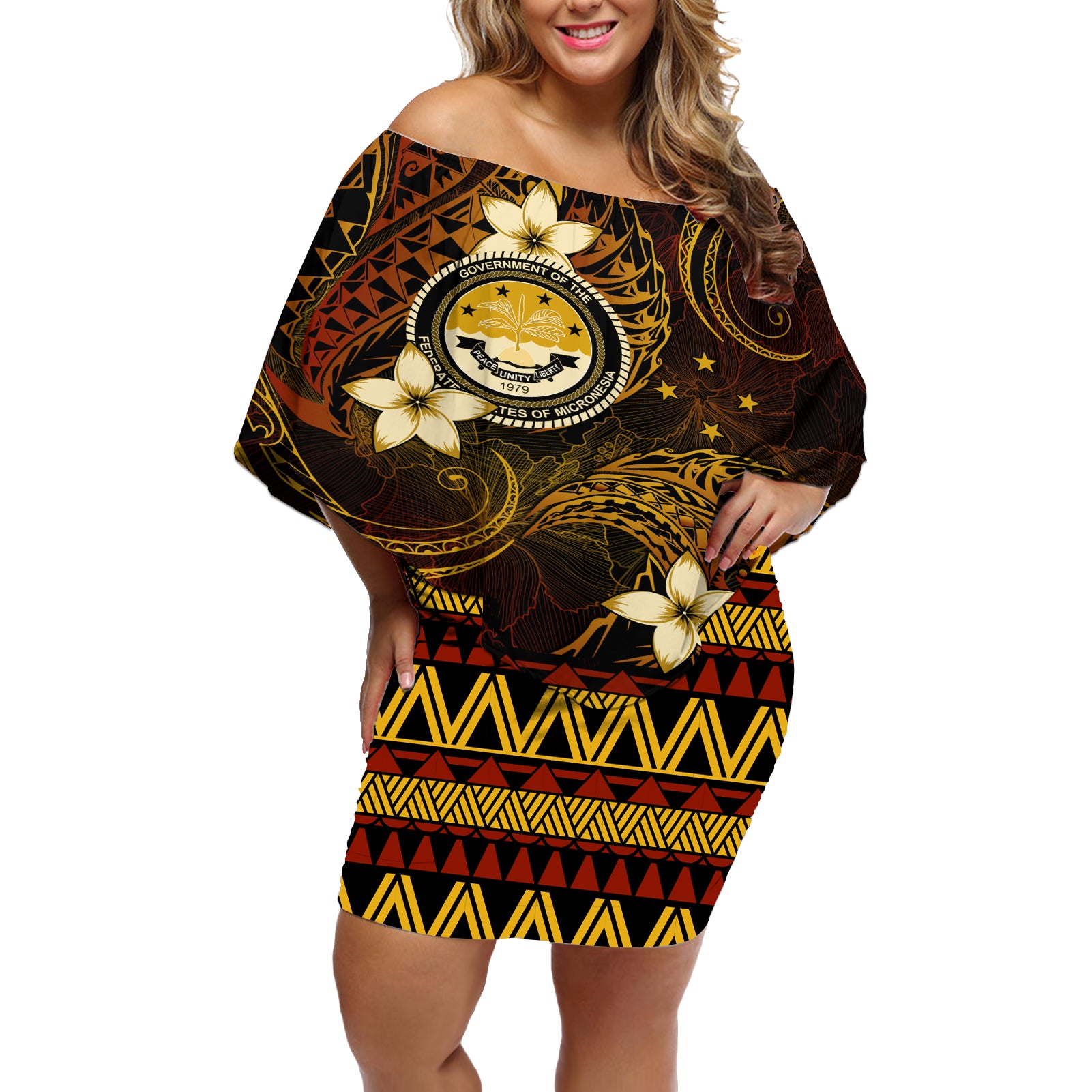 FSM Culture Day Off Shoulder Short Dress Tribal Pattern Gold Version LT01 Women Gold - Polynesian Pride