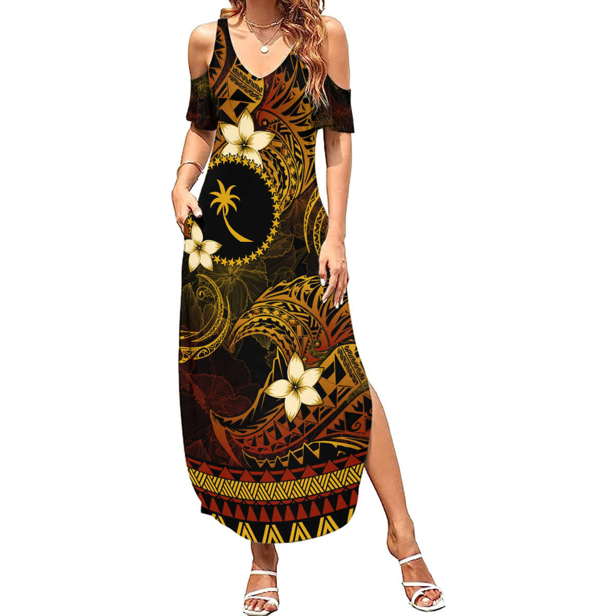 FSM Chuuk State Summer Maxi Dress Tribal Pattern Gold Version LT01 Women Gold - Polynesian Pride