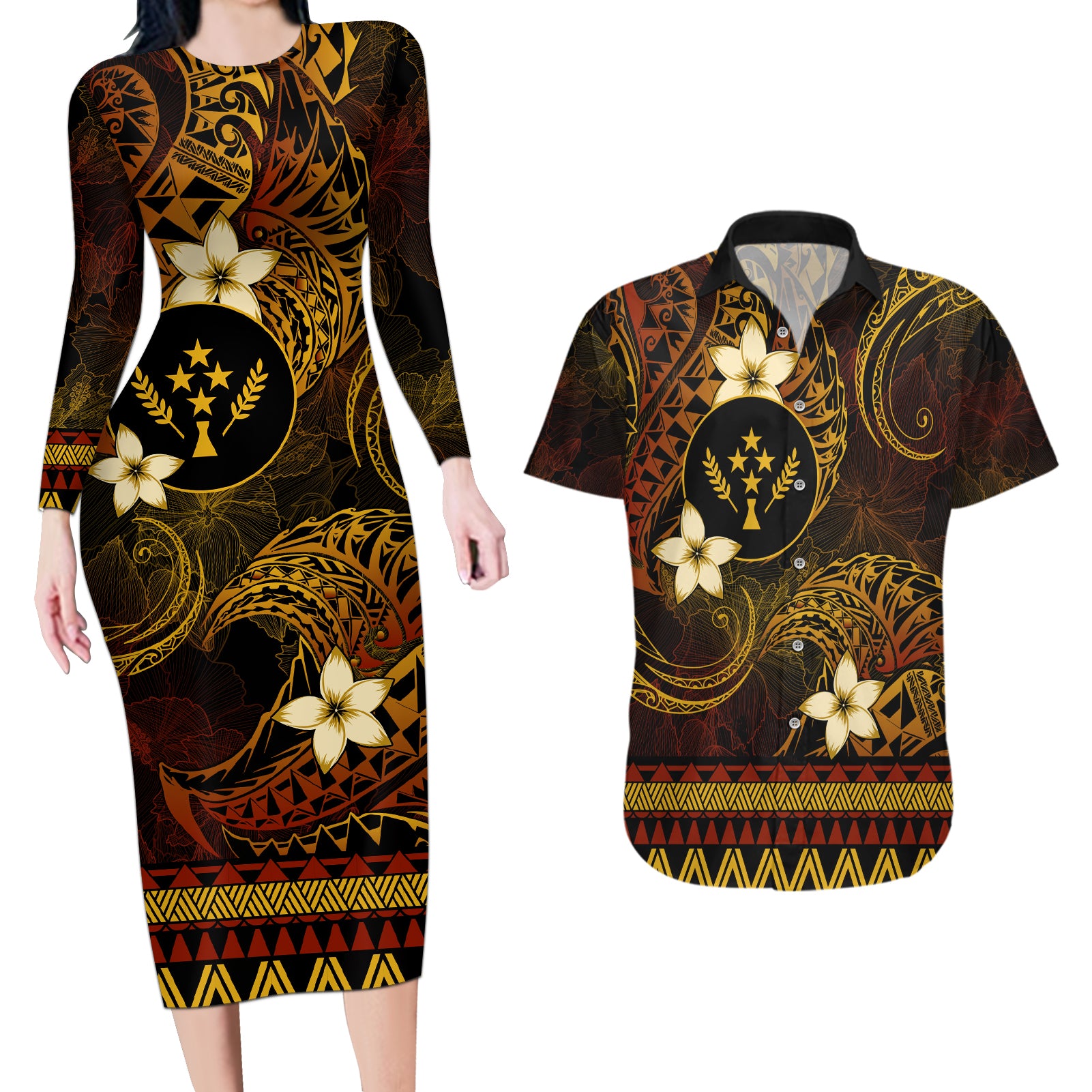 FSM Kosrae State Couples Matching Long Sleeve Bodycon Dress and Hawaiian Shirt Tribal Pattern Gold Version LT01 Gold - Polynesian Pride