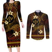 FSM Kosrae State Couples Matching Long Sleeve Bodycon Dress and Long Sleeve Button Shirt Tribal Pattern Gold Version LT01 Gold - Polynesian Pride