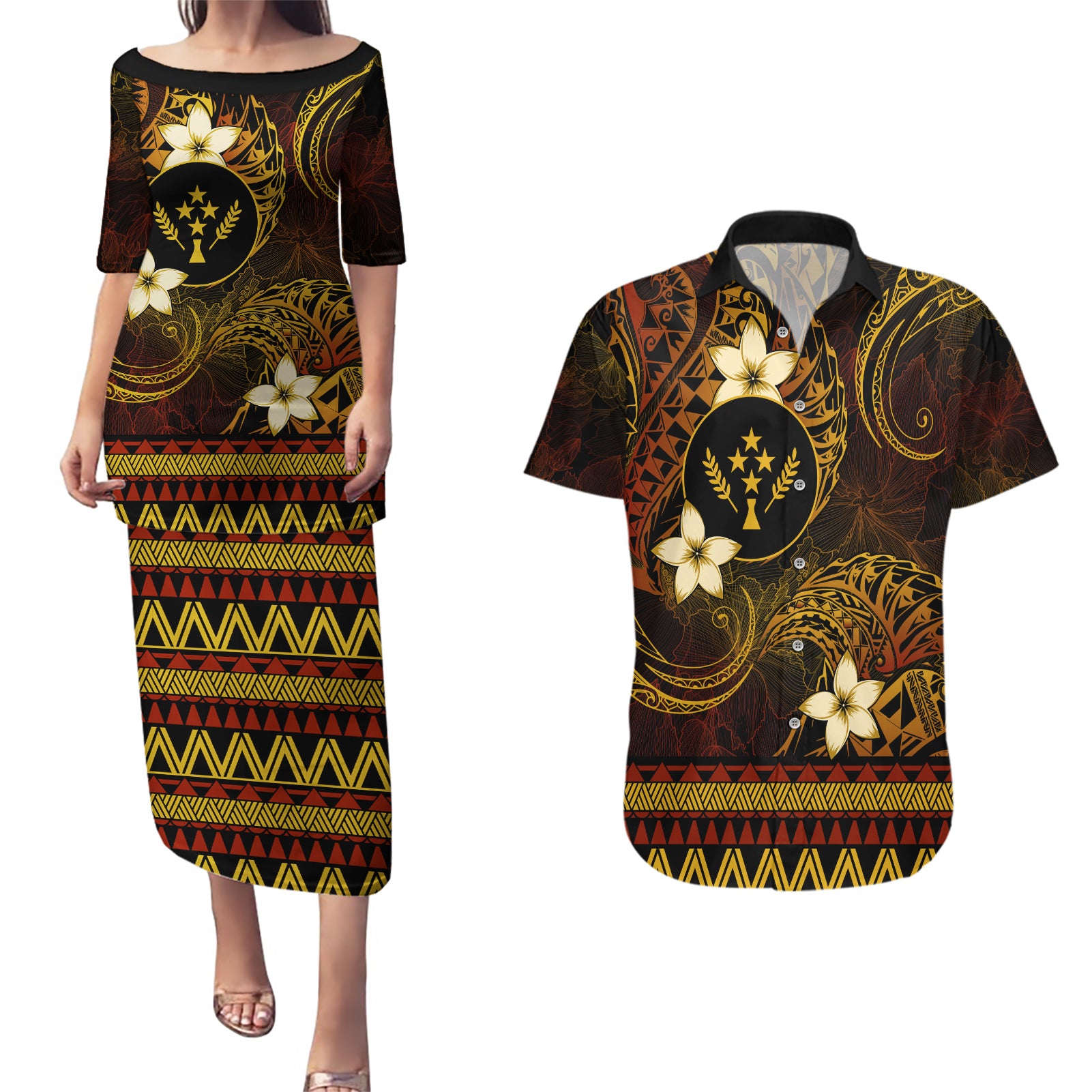 FSM Kosrae State Couples Matching Puletasi and Hawaiian Shirt Tribal Pattern Gold Version LT01 Gold - Polynesian Pride