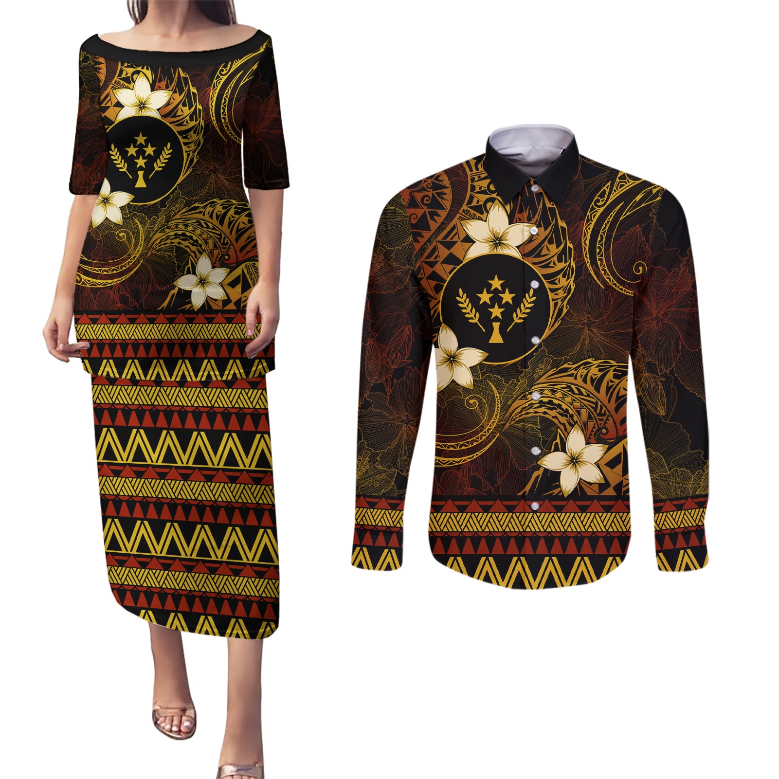 FSM Kosrae State Couples Matching Puletasi and Long Sleeve Button Shirt Tribal Pattern Gold Version LT01 Gold - Polynesian Pride