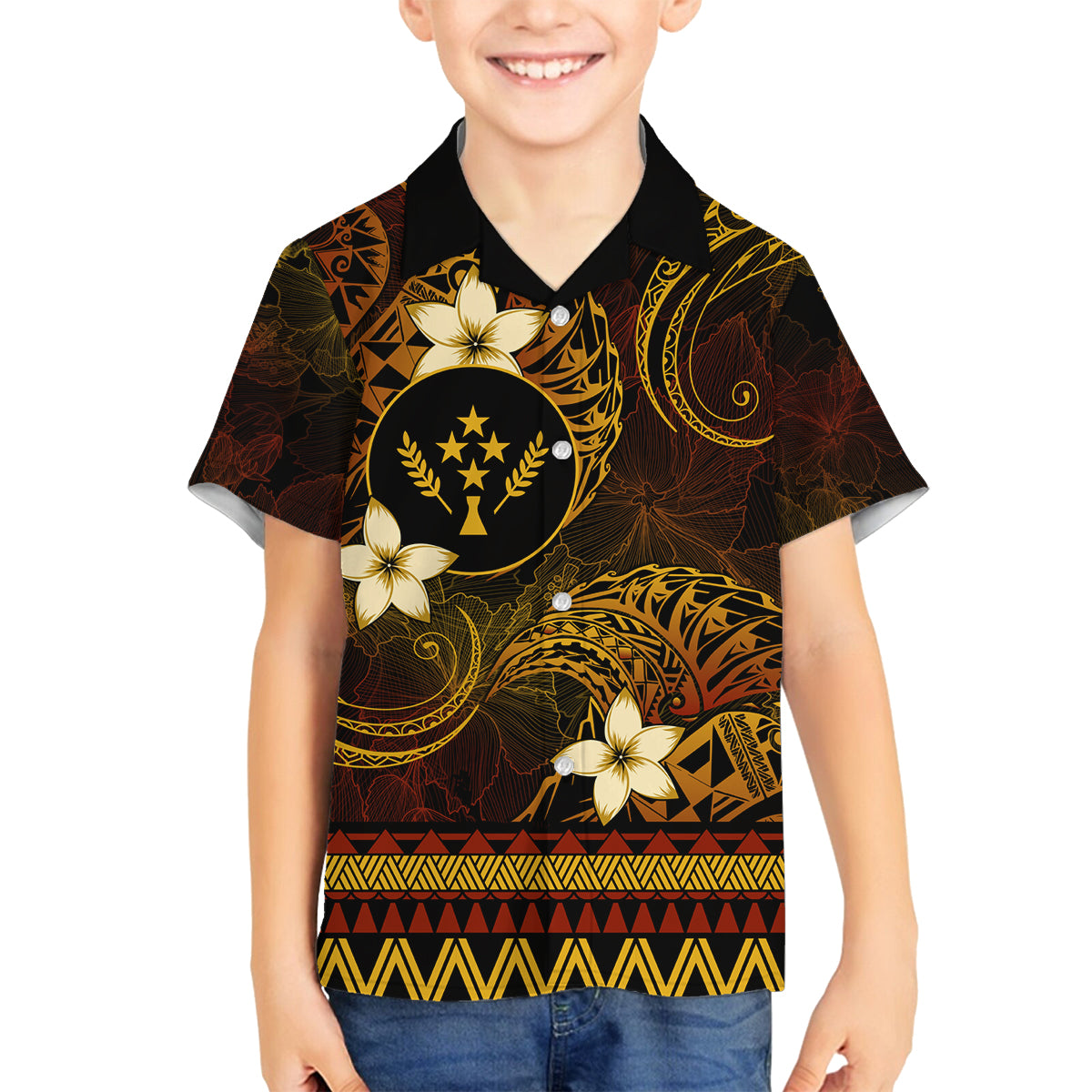FSM Kosrae State Family Matching Long Sleeve Bodycon Dress and Hawaiian Shirt Tribal Pattern Gold Version LT01 Son's Shirt Gold - Polynesian Pride