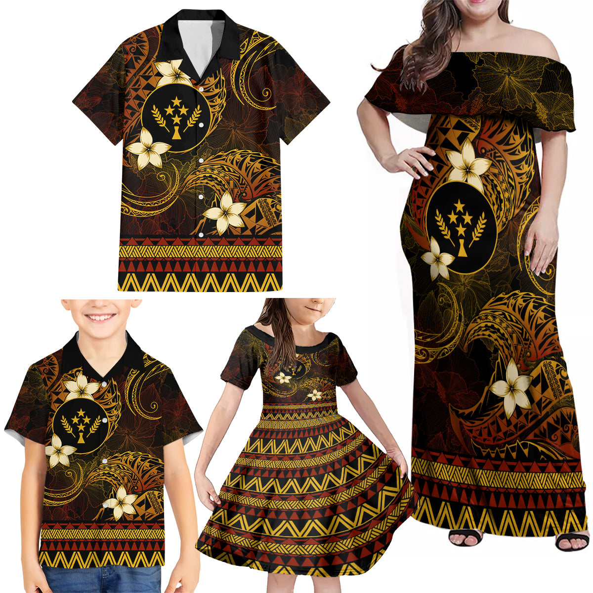 FSM Kosrae State Family Matching Off Shoulder Maxi Dress and Hawaiian Shirt Tribal Pattern Gold Version LT01 - Polynesian Pride