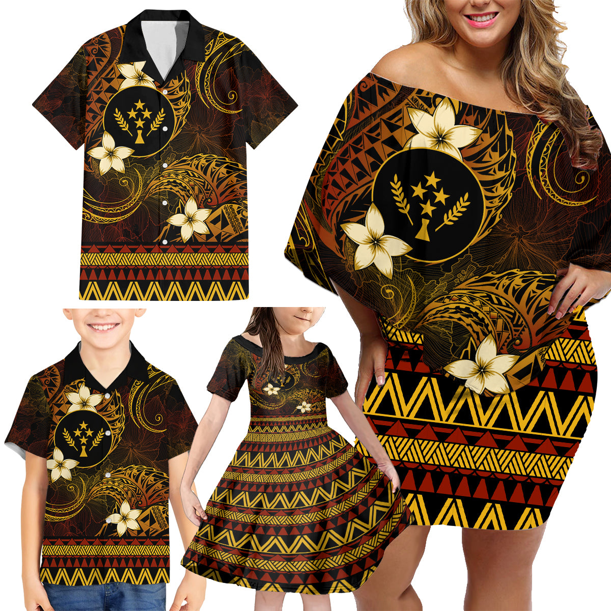 FSM Kosrae State Family Matching Off Shoulder Short Dress and Hawaiian Shirt Tribal Pattern Gold Version LT01 - Polynesian Pride