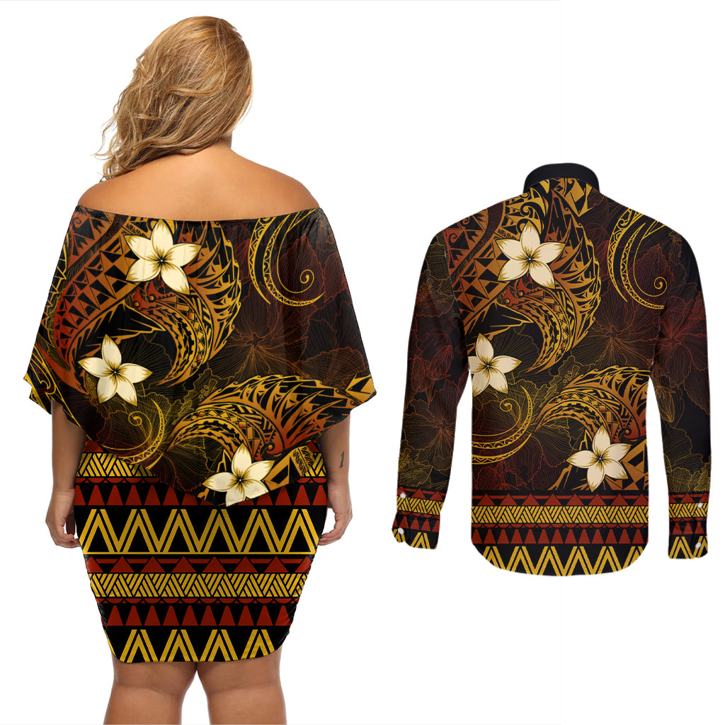 FSM Pohnpei State Couples Matching Off Shoulder Short Dress and Long Sleeve Button Shirt Tribal Pattern Gold Version LT01 - Polynesian Pride
