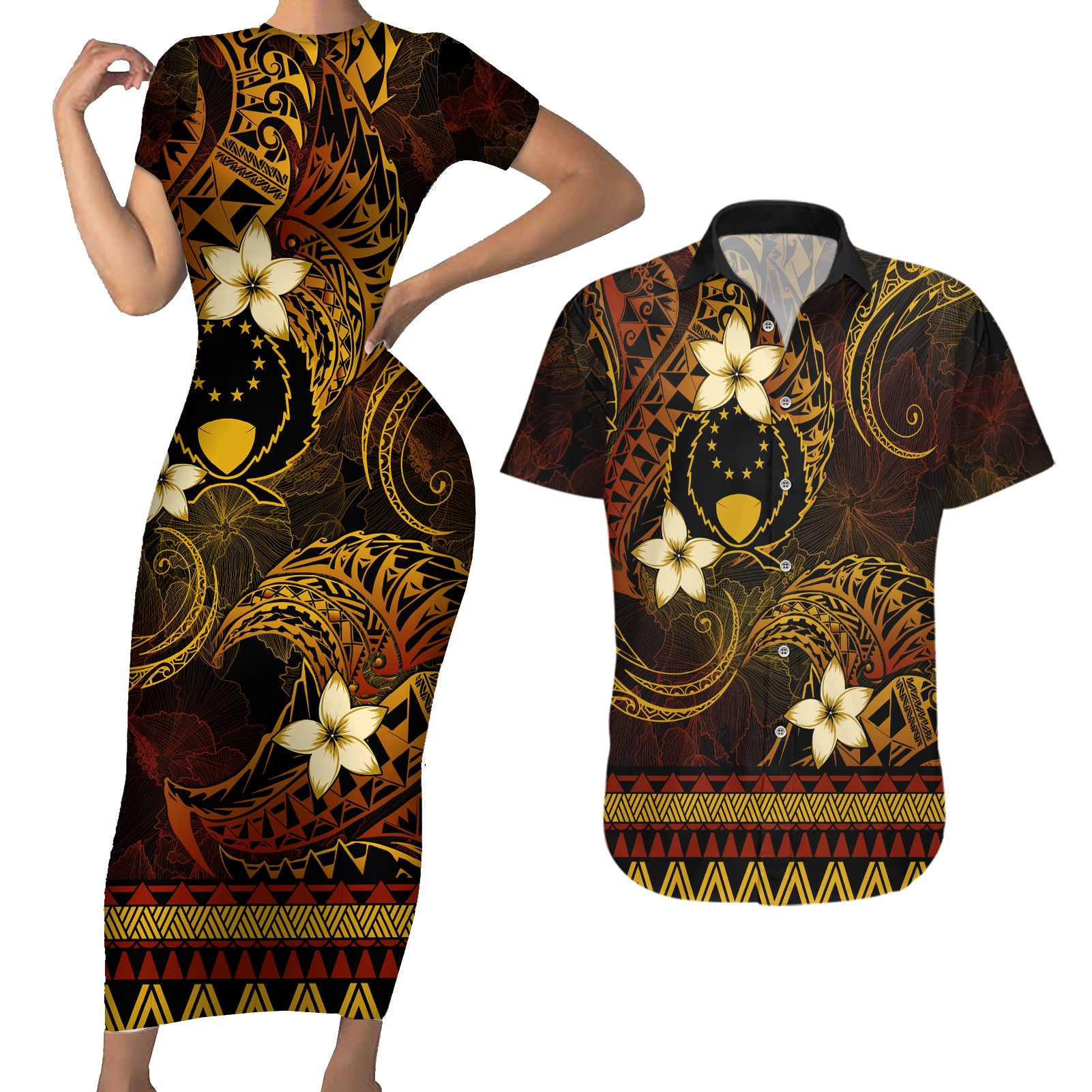 FSM Pohnpei State Couples Matching Short Sleeve Bodycon Dress and Hawaiian Shirt Tribal Pattern Gold Version LT01 Gold - Polynesian Pride