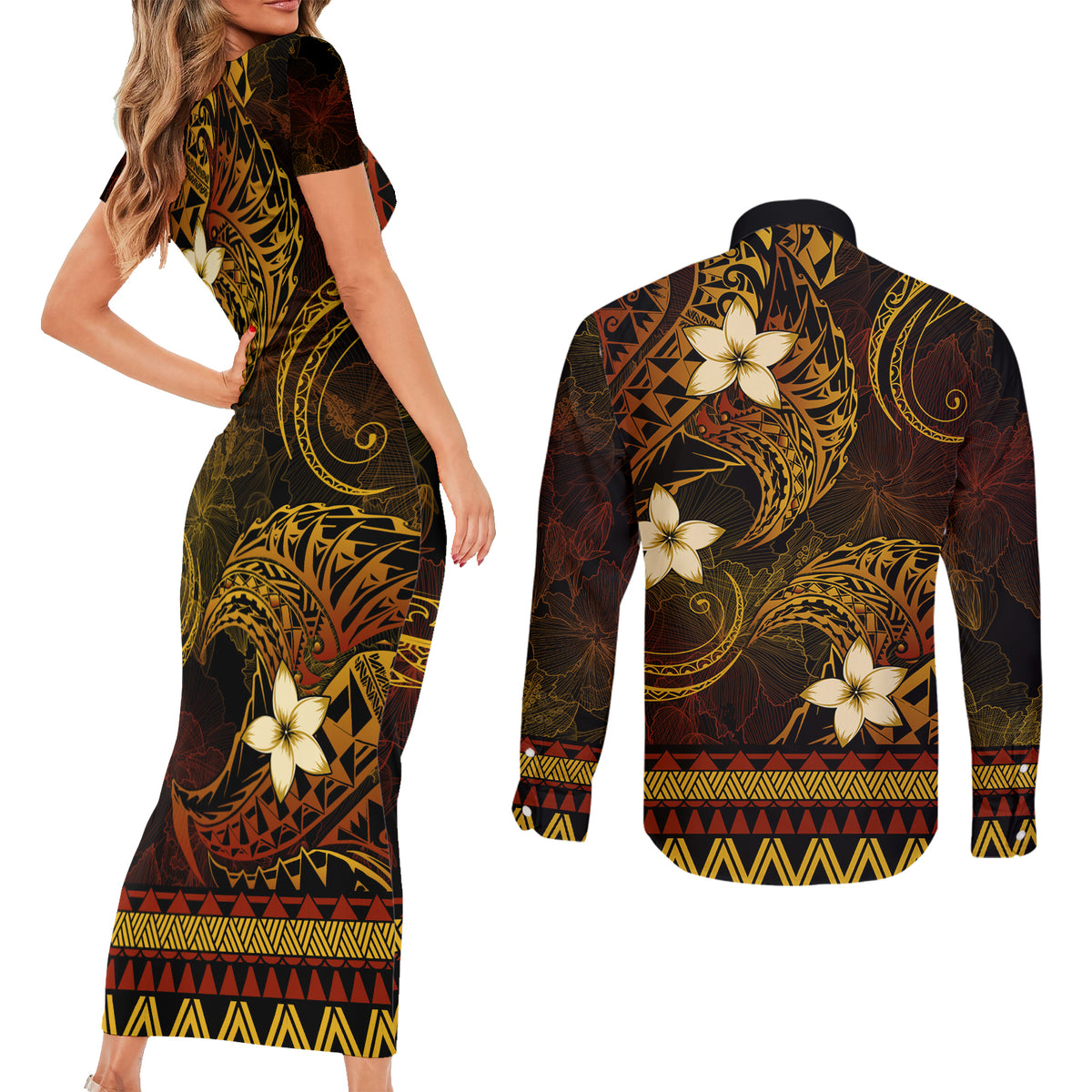 FSM Pohnpei State Couples Matching Short Sleeve Bodycon Dress and Long Sleeve Button Shirt Tribal Pattern Gold Version LT01 - Polynesian Pride