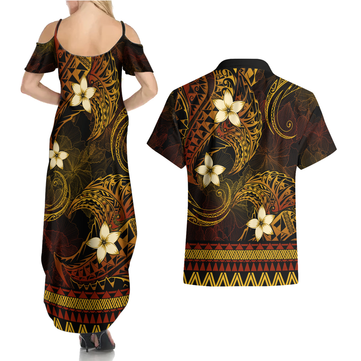 FSM Pohnpei State Couples Matching Summer Maxi Dress and Hawaiian Shirt Tribal Pattern Gold Version LT01 - Polynesian Pride
