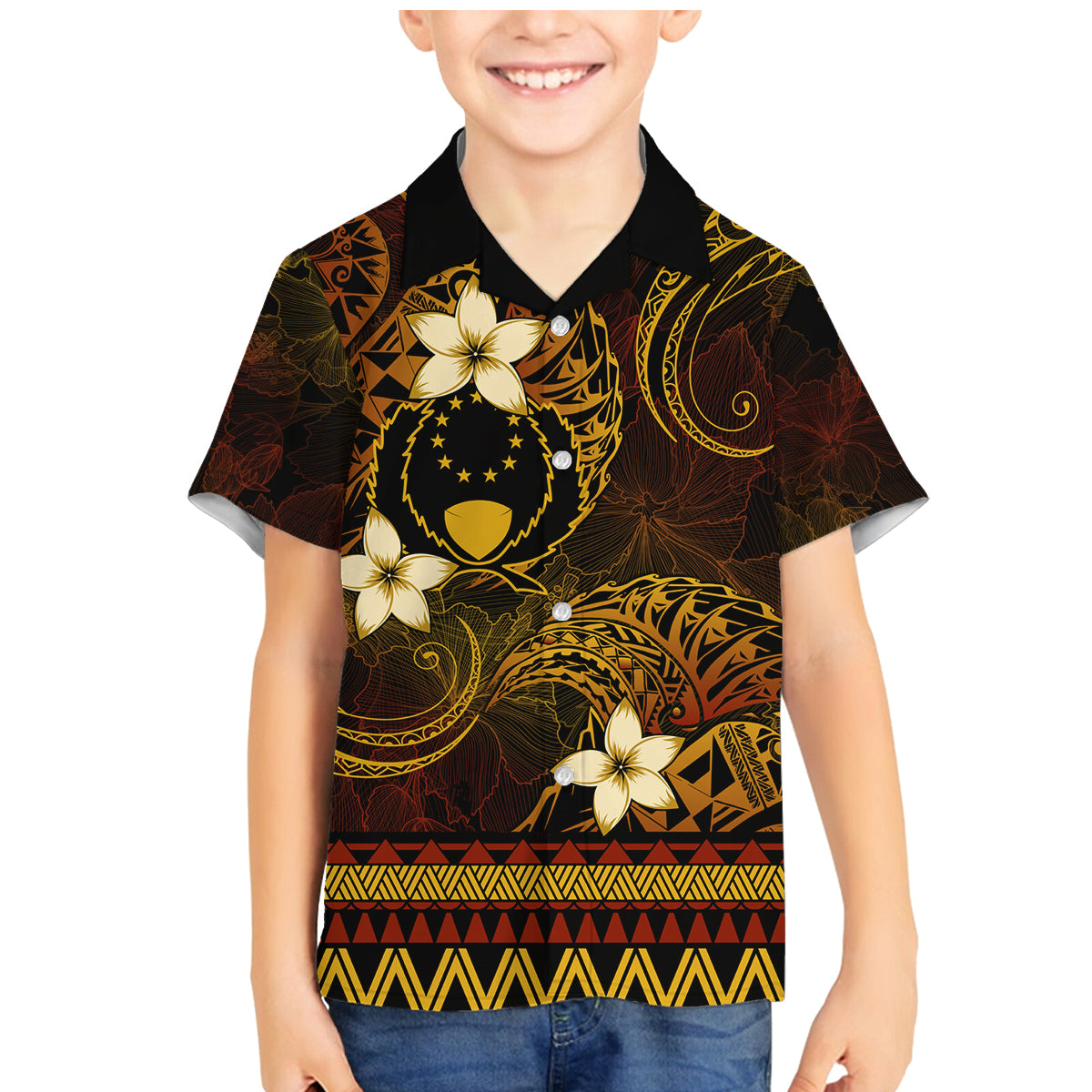 FSM Pohnpei State Family Matching Mermaid Dress and Hawaiian Shirt Tribal Pattern Gold Version LT01 Son's Shirt Gold - Polynesian Pride