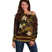 FSM Pohnpei State Off Shoulder Sweater Tribal Pattern Gold Version LT01 Women Gold - Polynesian Pride