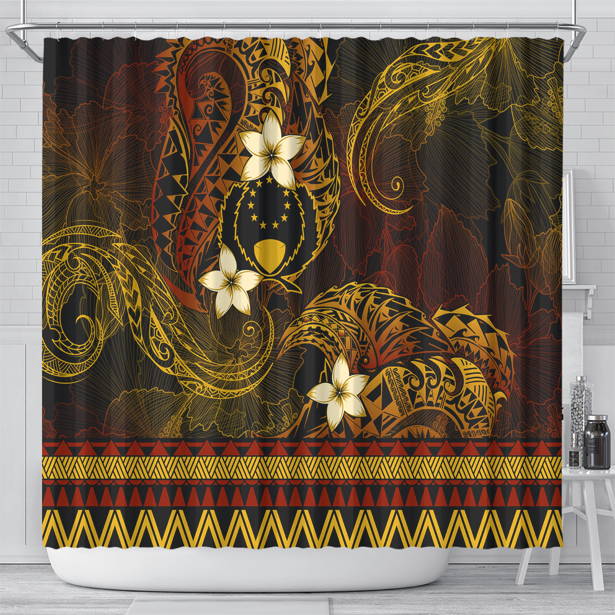 FSM Pohnpei State Shower Curtain Tribal Pattern Gold Version