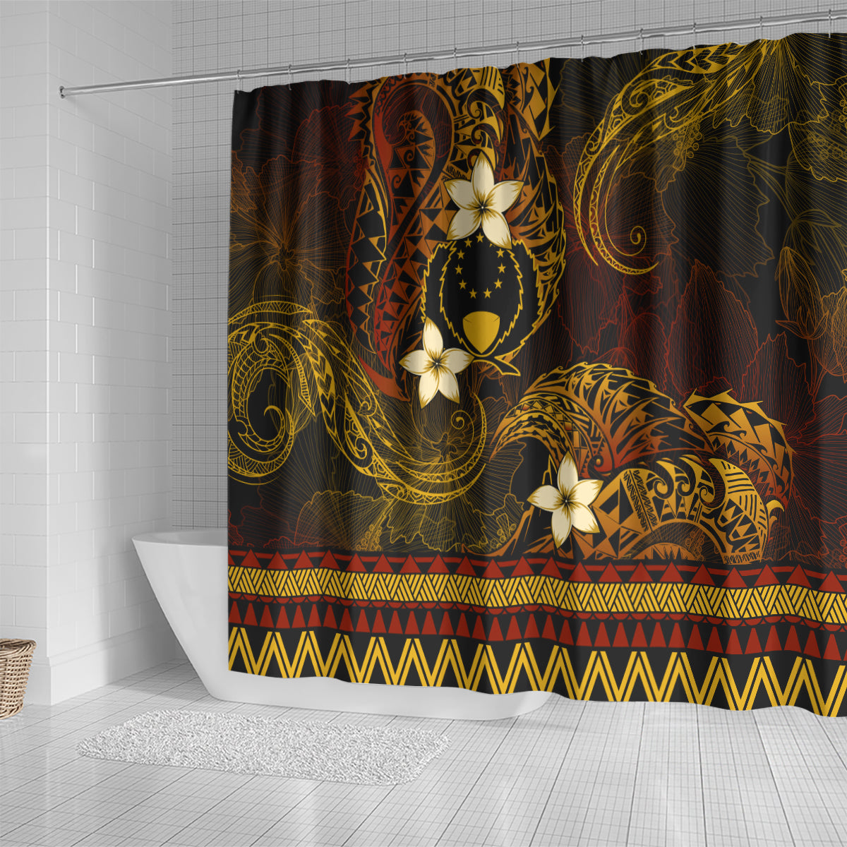 FSM Pohnpei State Shower Curtain Tribal Pattern Gold Version