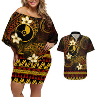 FSM Yap State Couples Matching Off Shoulder Short Dress and Hawaiian Shirt Tribal Pattern Gold Version LT01 Gold - Polynesian Pride