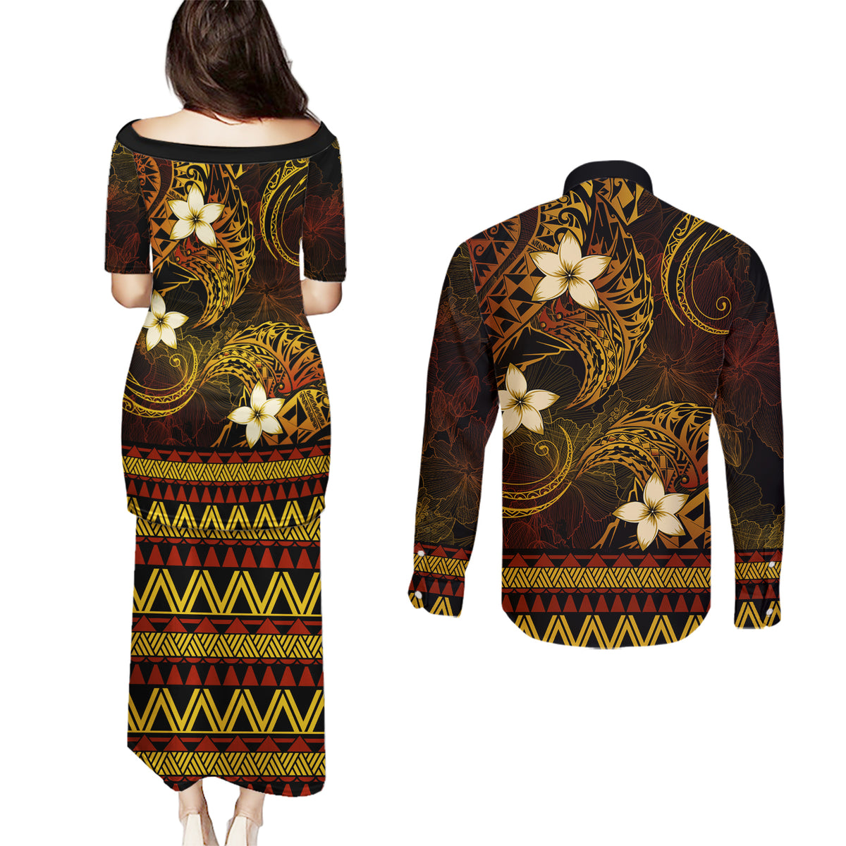FSM Yap State Couples Matching Puletasi and Long Sleeve Button Shirt Tribal Pattern Gold Version LT01 - Polynesian Pride