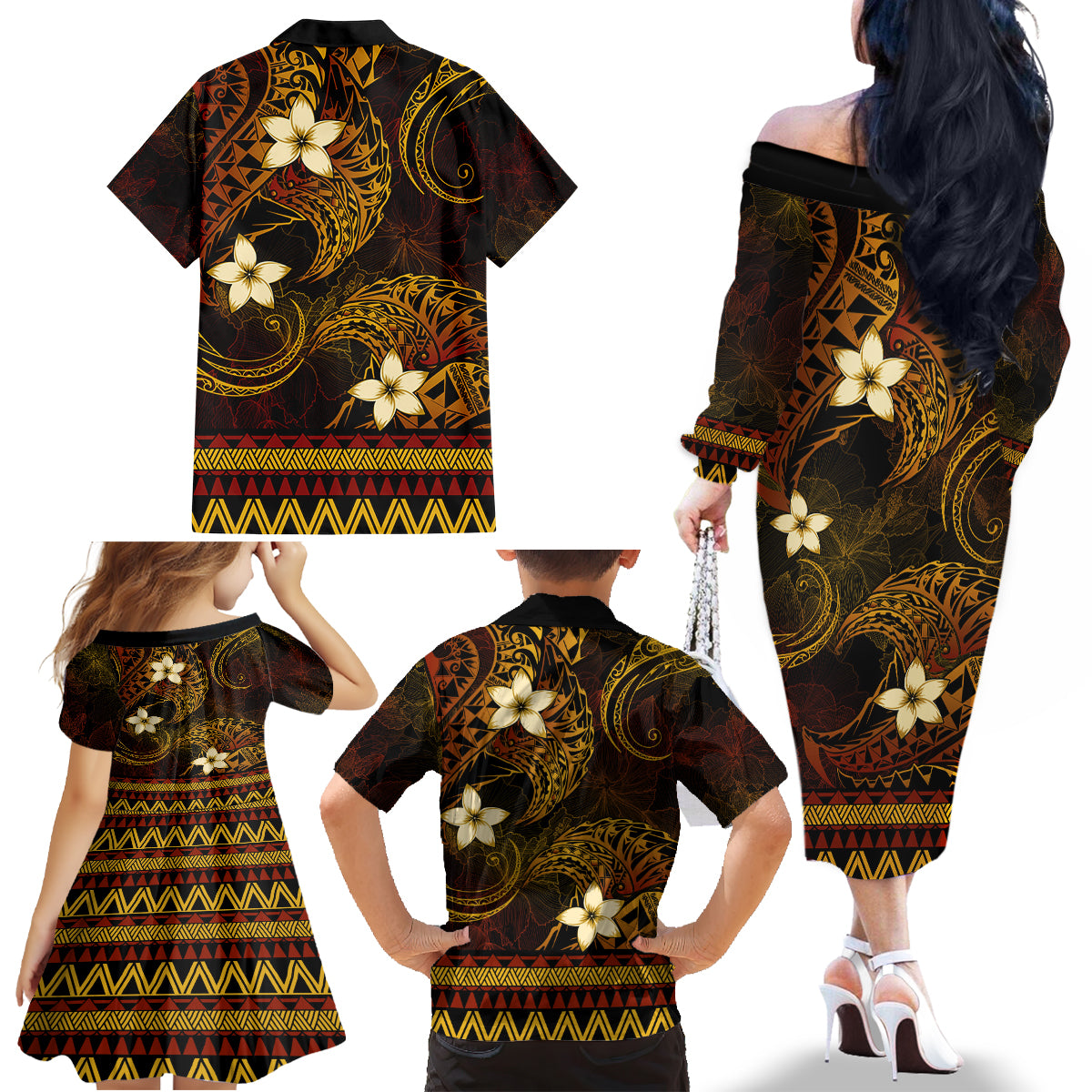 FSM Yap State Family Matching Off Shoulder Long Sleeve Dress and Hawaiian Shirt Tribal Pattern Gold Version LT01 - Polynesian Pride