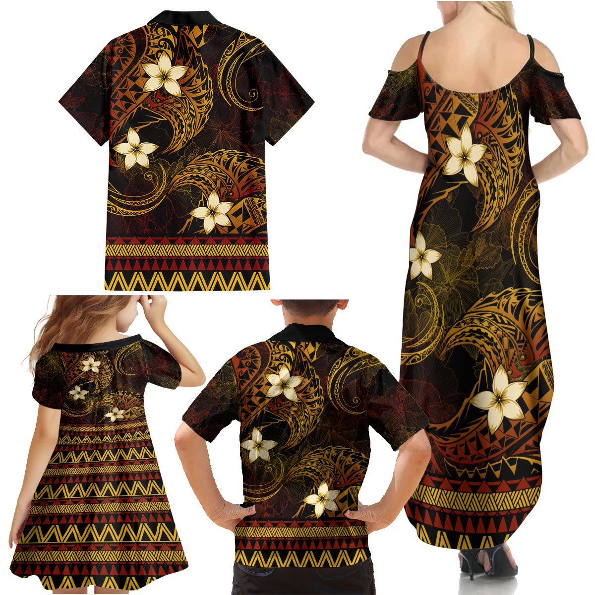 FSM Yap State Family Matching Summer Maxi Dress and Hawaiian Shirt Tribal Pattern Gold Version LT01 - Polynesian Pride
