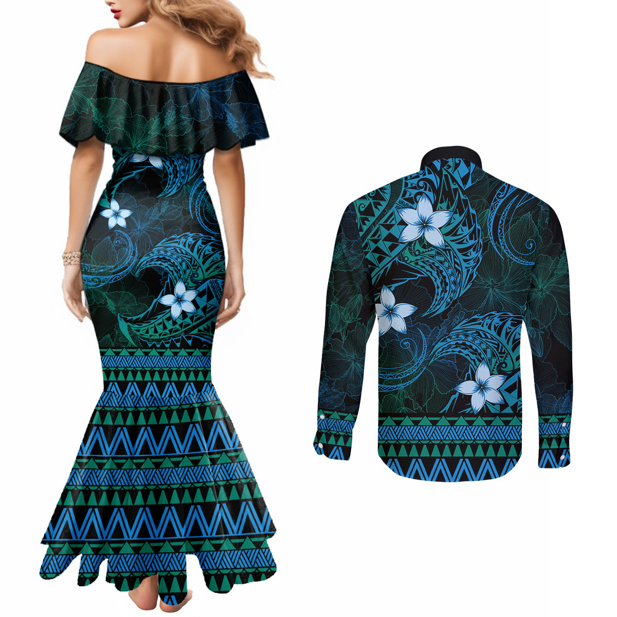 FSM Culture Day Couples Matching Mermaid Dress and Long Sleeve Button Shirt Tribal Pattern Ocean Version LT01 - Polynesian Pride