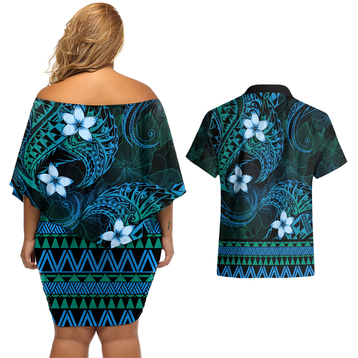 FSM Culture Day Couples Matching Off Shoulder Short Dress and Hawaiian Shirt Tribal Pattern Ocean Version LT01 - Polynesian Pride