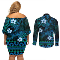 FSM Culture Day Couples Matching Off Shoulder Short Dress and Long Sleeve Button Shirt Tribal Pattern Ocean Version LT01 - Polynesian Pride