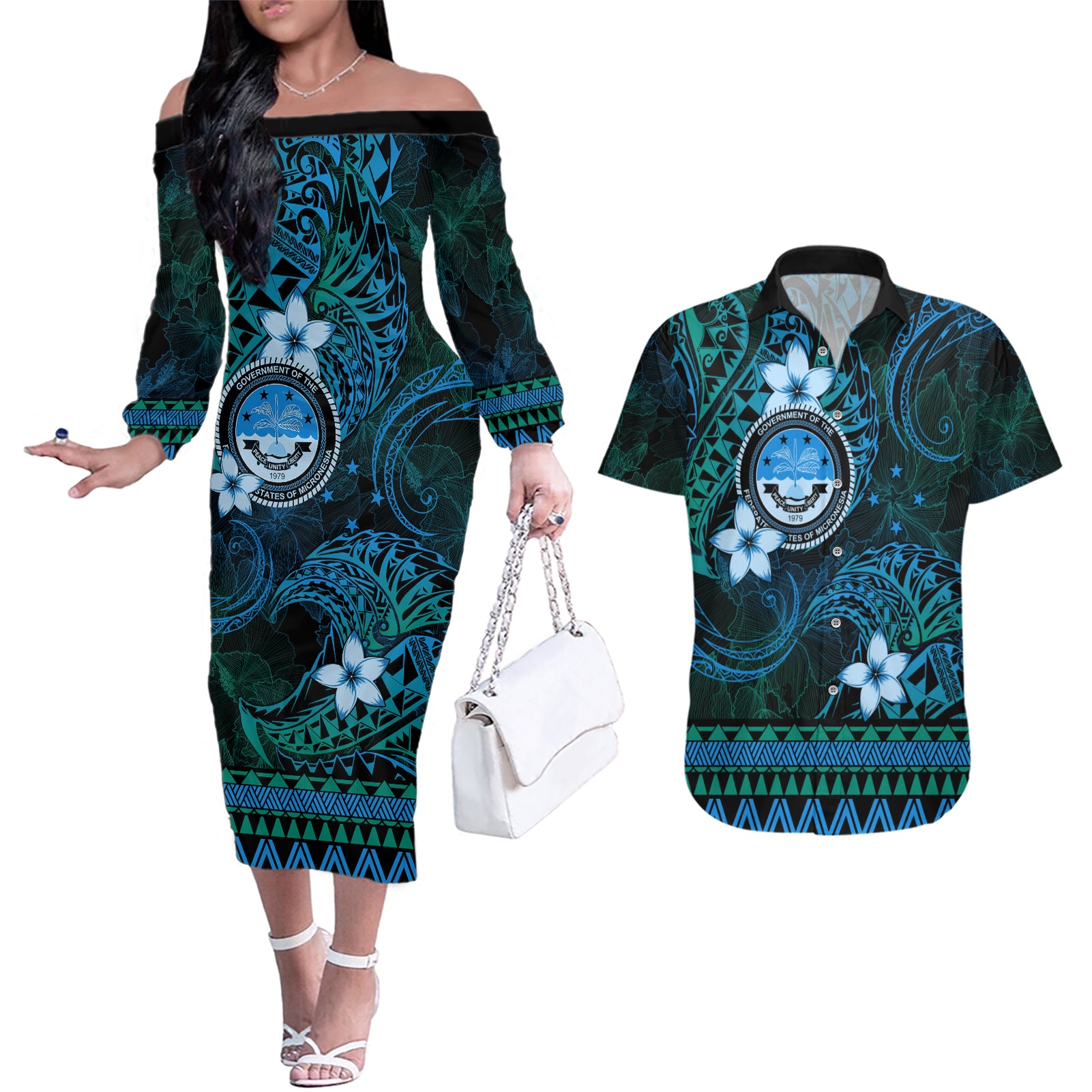 FSM Culture Day Couples Matching Off The Shoulder Long Sleeve Dress and Hawaiian Shirt Tribal Pattern Ocean Version LT01 Blue - Polynesian Pride