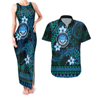 FSM Culture Day Couples Matching Tank Maxi Dress and Hawaiian Shirt Tribal Pattern Ocean Version LT01 Blue - Polynesian Pride