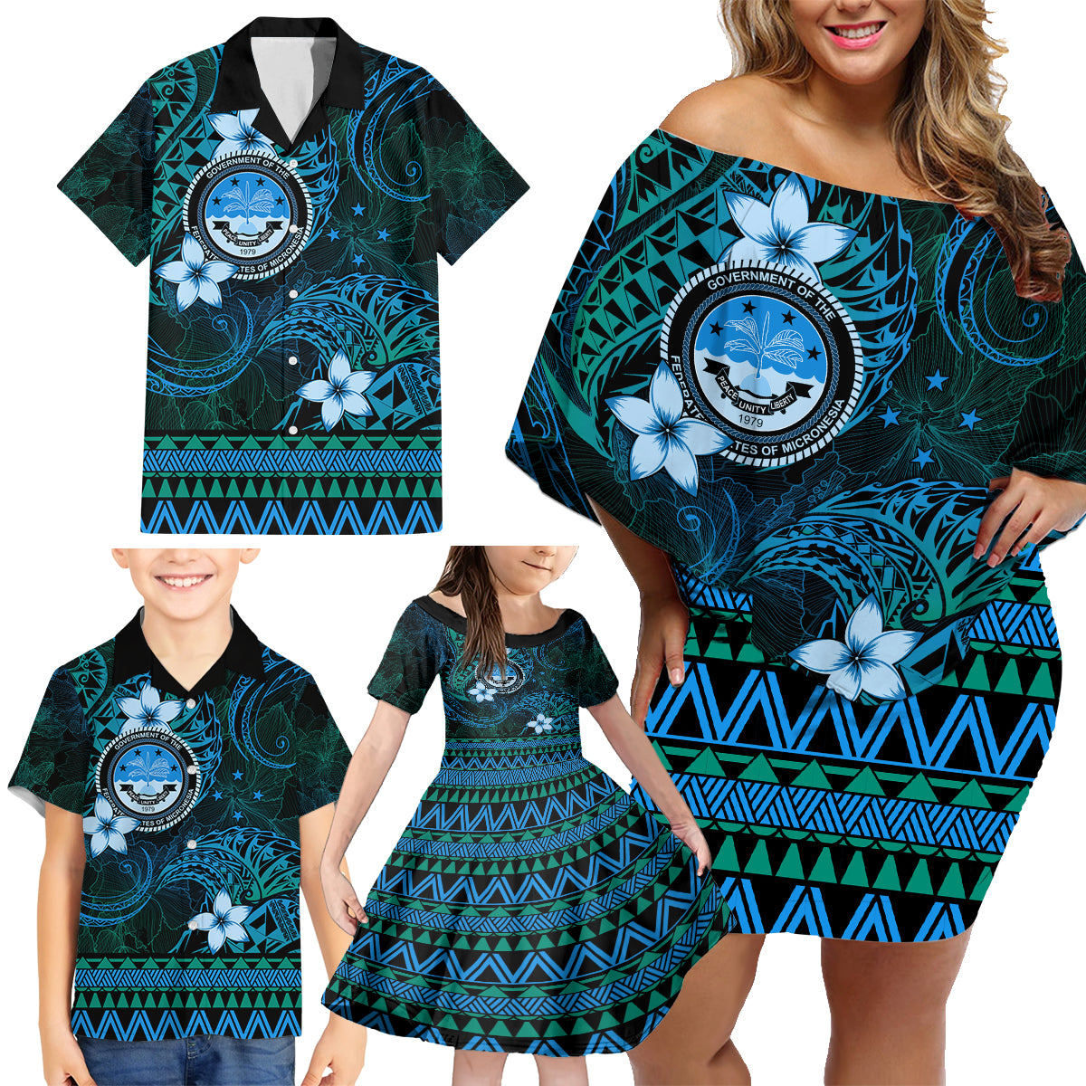 FSM Culture Day Family Matching Off Shoulder Short Dress and Hawaiian Shirt Tribal Pattern Ocean Version LT01 - Polynesian Pride