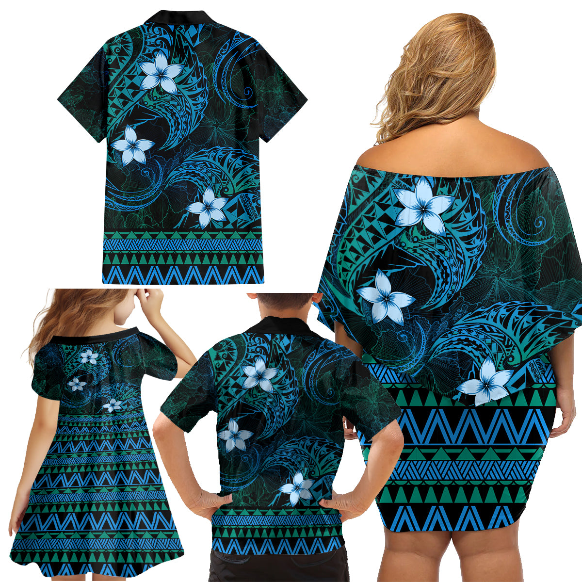 FSM Culture Day Family Matching Off Shoulder Short Dress and Hawaiian Shirt Tribal Pattern Ocean Version LT01 - Polynesian Pride