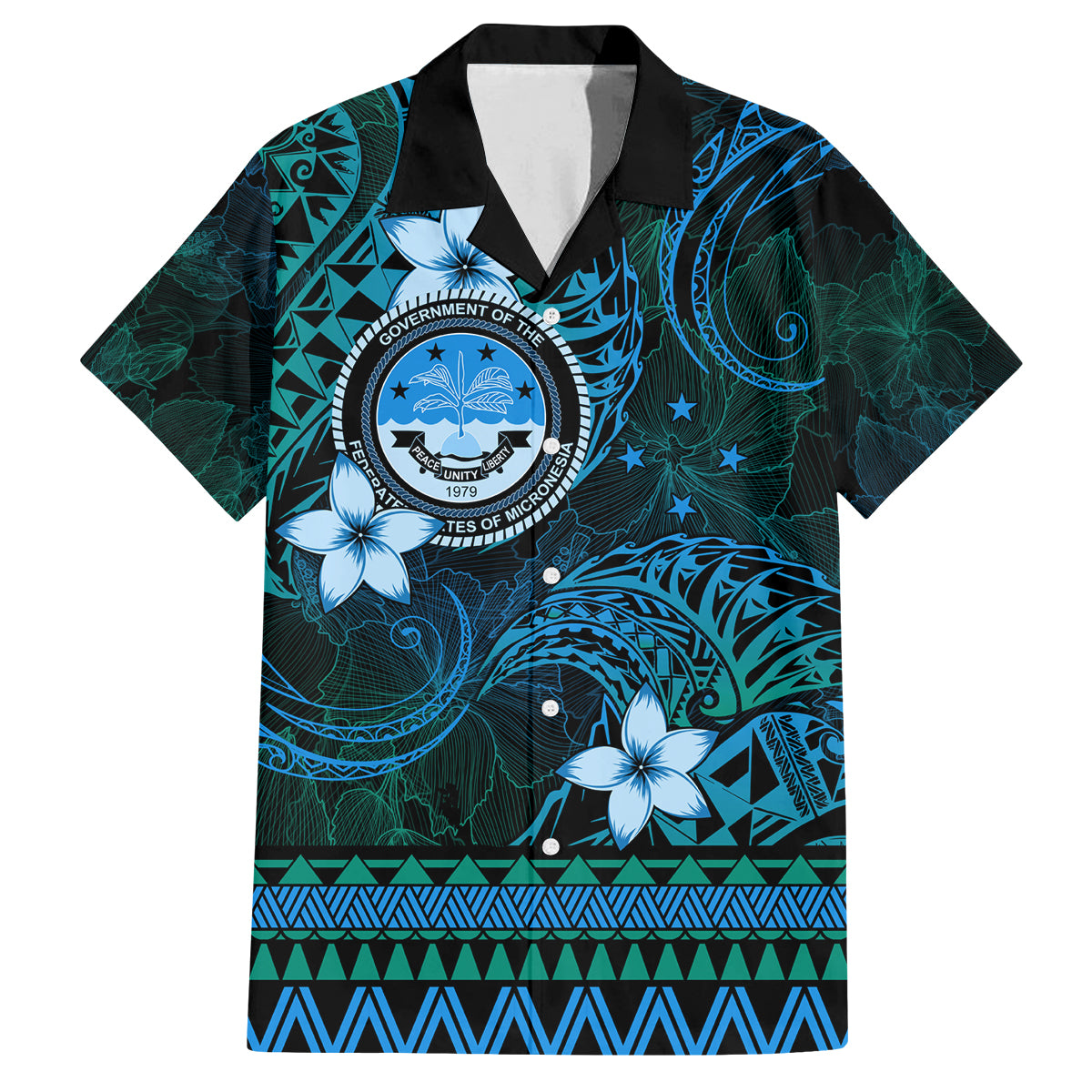 FSM Culture Day Family Matching Off Shoulder Short Dress and Hawaiian Shirt Tribal Pattern Ocean Version LT01 Dad's Shirt - Short Sleeve Blue - Polynesian Pride