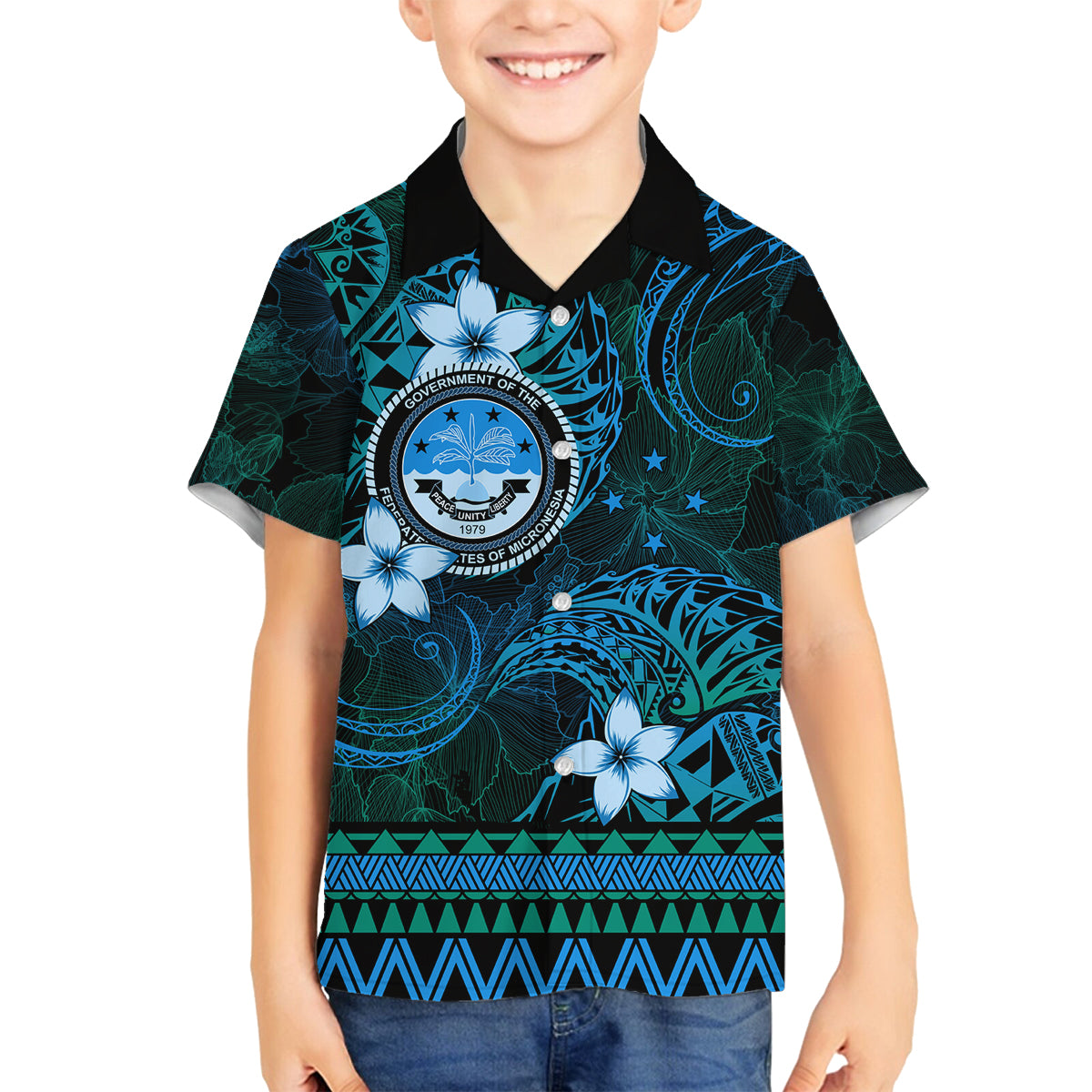 FSM Culture Day Family Matching Off Shoulder Short Dress and Hawaiian Shirt Tribal Pattern Ocean Version LT01 Son's Shirt Blue - Polynesian Pride