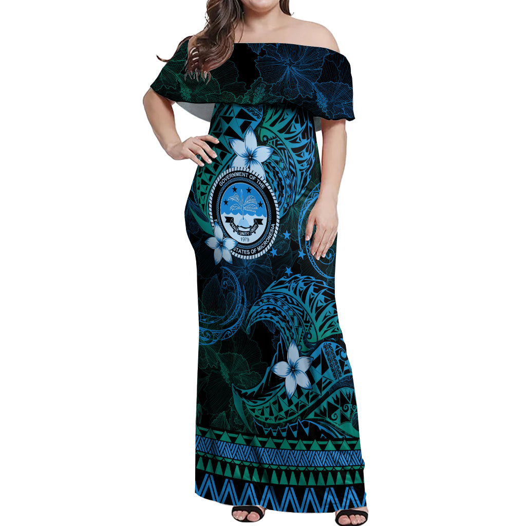 FSM Culture Day Off Shoulder Maxi Dress Tribal Pattern Ocean Version LT01 Women Blue - Polynesian Pride
