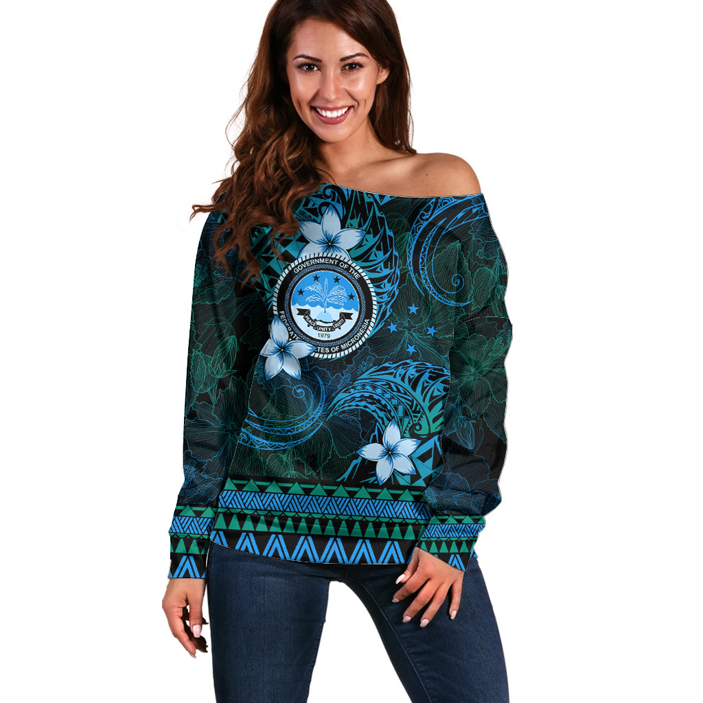 FSM Culture Day Off Shoulder Sweater Tribal Pattern Ocean Version LT01 Women Blue - Polynesian Pride