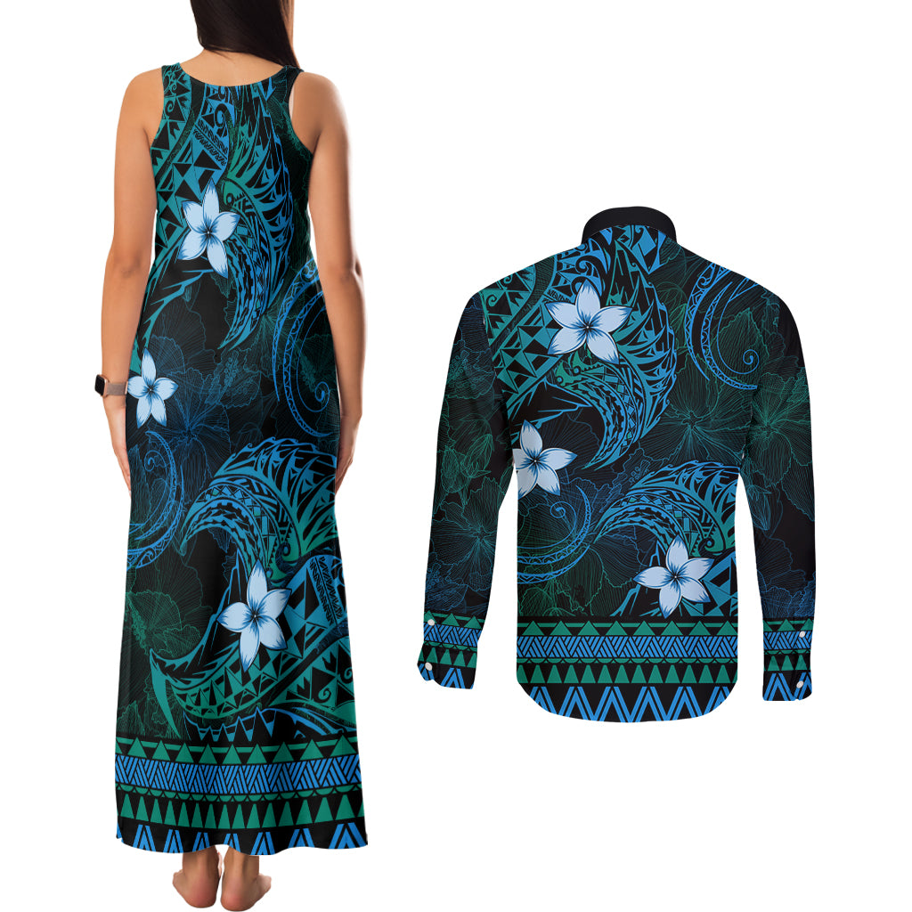 FSM Chuuk State Couples Matching Tank Maxi Dress and Long Sleeve Button Shirt Tribal Pattern Ocean Version LT01 - Polynesian Pride