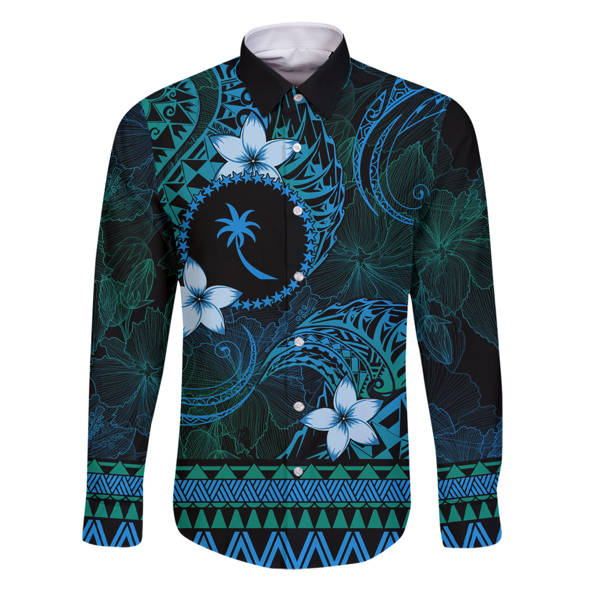 FSM Chuuk State Family Matching Mermaid Dress and Hawaiian Shirt Tribal Pattern Ocean Version LT01 Dad's Shirt - Long Sleeve Blue - Polynesian Pride