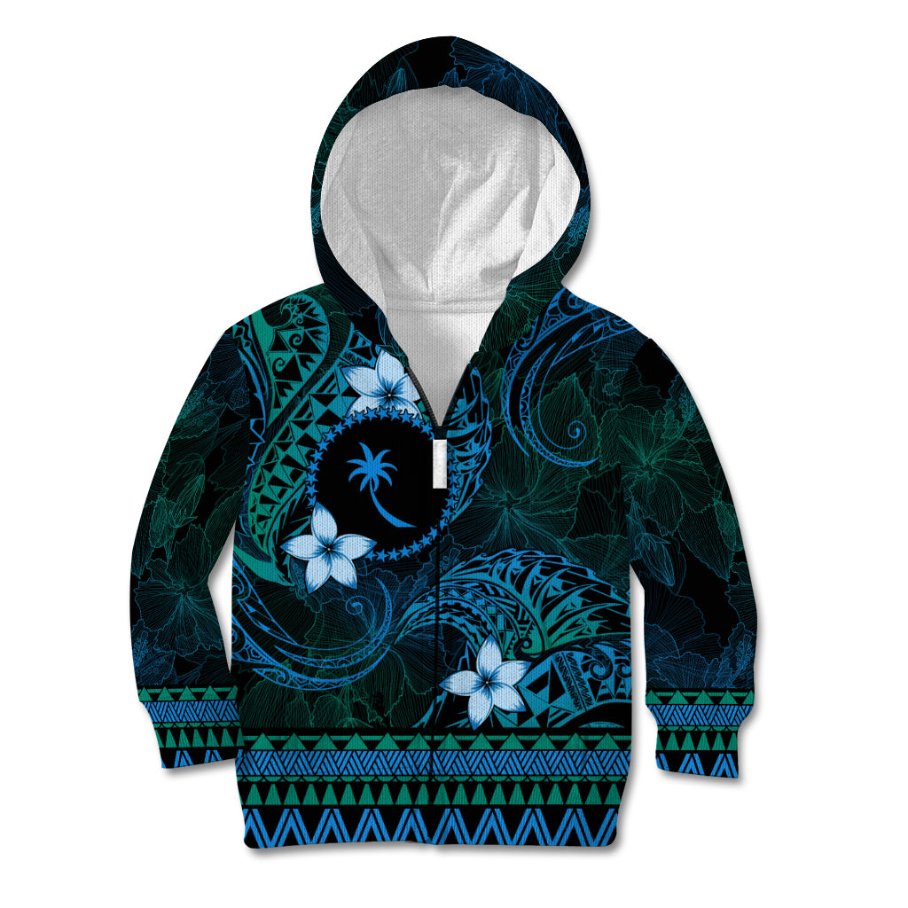 FSM Chuuk State Kid Hoodie Tribal Pattern Ocean Version LT01 Zip Hoodie Blue - Polynesian Pride