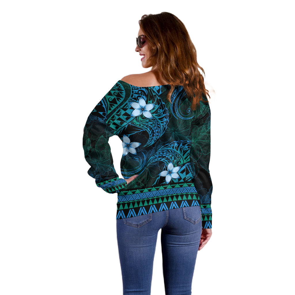 FSM Chuuk State Off Shoulder Sweater Tribal Pattern Ocean Version LT01 - Polynesian Pride
