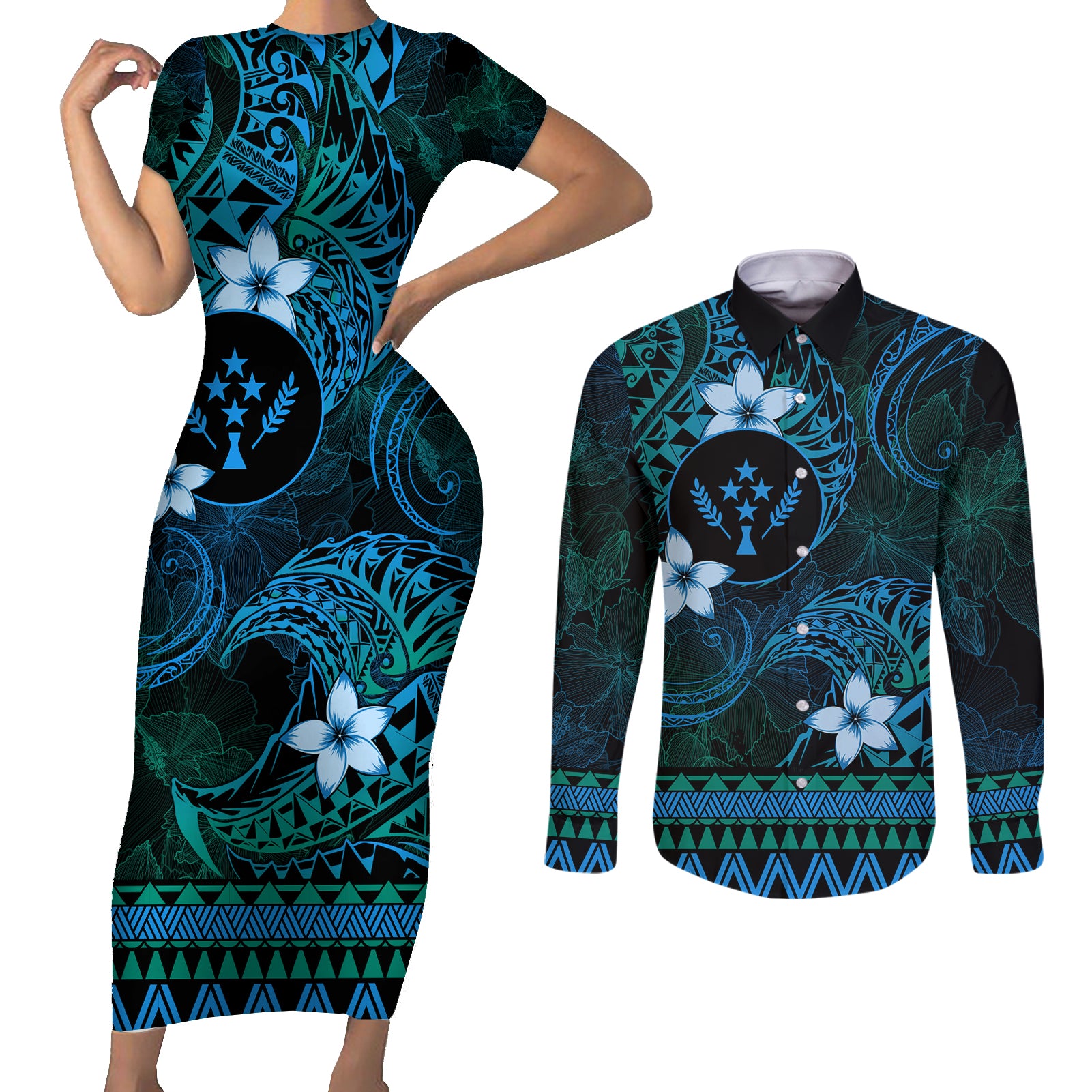 FSM Kosrae State Couples Matching Short Sleeve Bodycon Dress and Long Sleeve Button Shirt Tribal Pattern Ocean Version LT01 Blue - Polynesian Pride