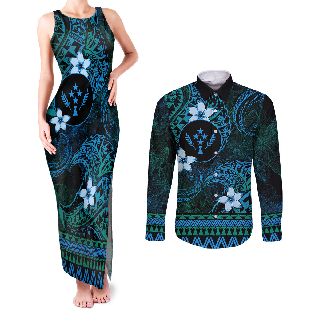 FSM Kosrae State Couples Matching Tank Maxi Dress and Long Sleeve Button Shirt Tribal Pattern Ocean Version LT01 Blue - Polynesian Pride