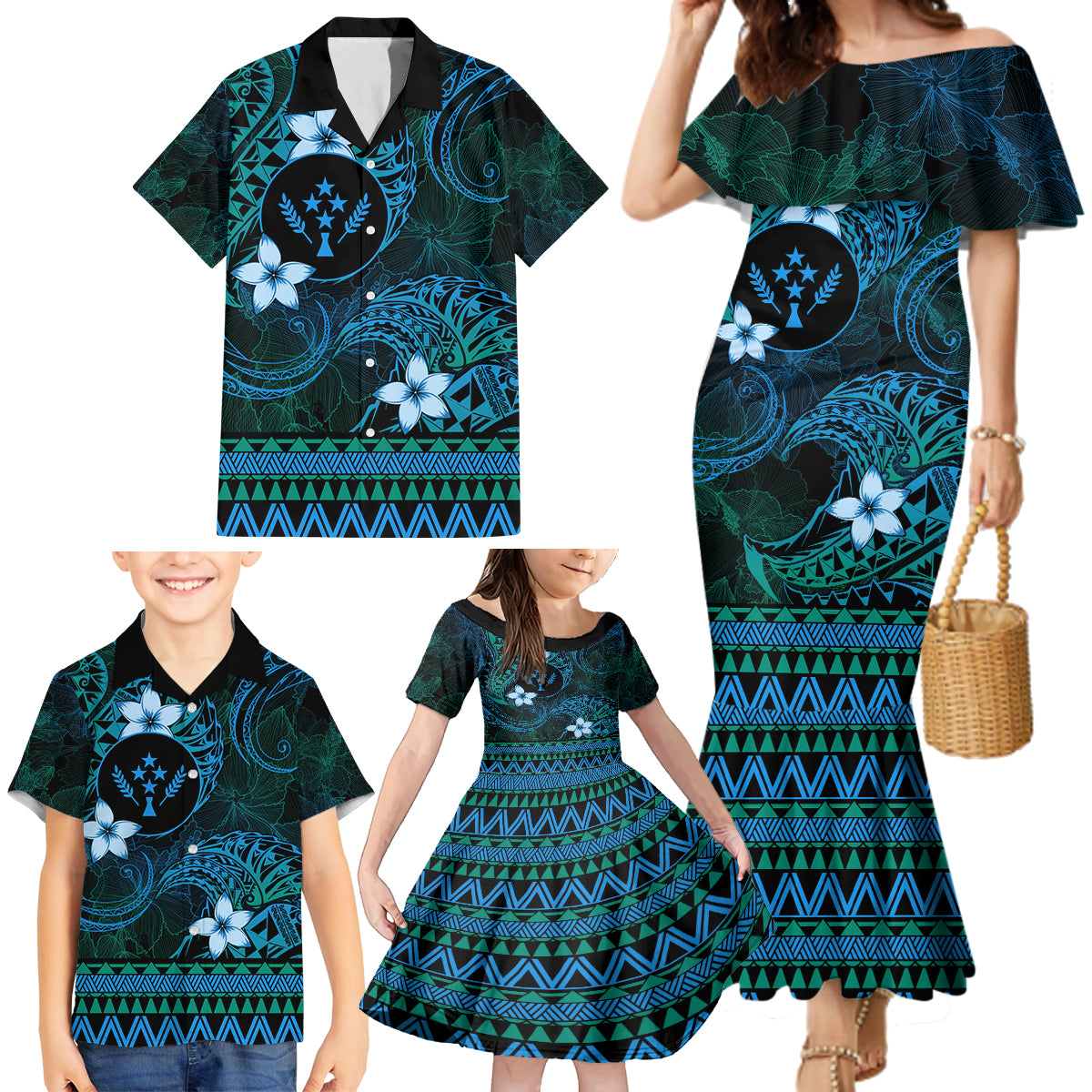 FSM Kosrae State Family Matching Mermaid Dress and Hawaiian Shirt Tribal Pattern Ocean Version LT01 - Polynesian Pride