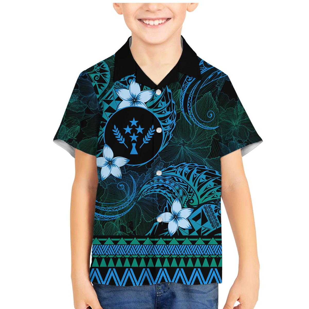 FSM Kosrae State Family Matching Mermaid Dress and Hawaiian Shirt Tribal Pattern Ocean Version LT01 Son's Shirt Blue - Polynesian Pride