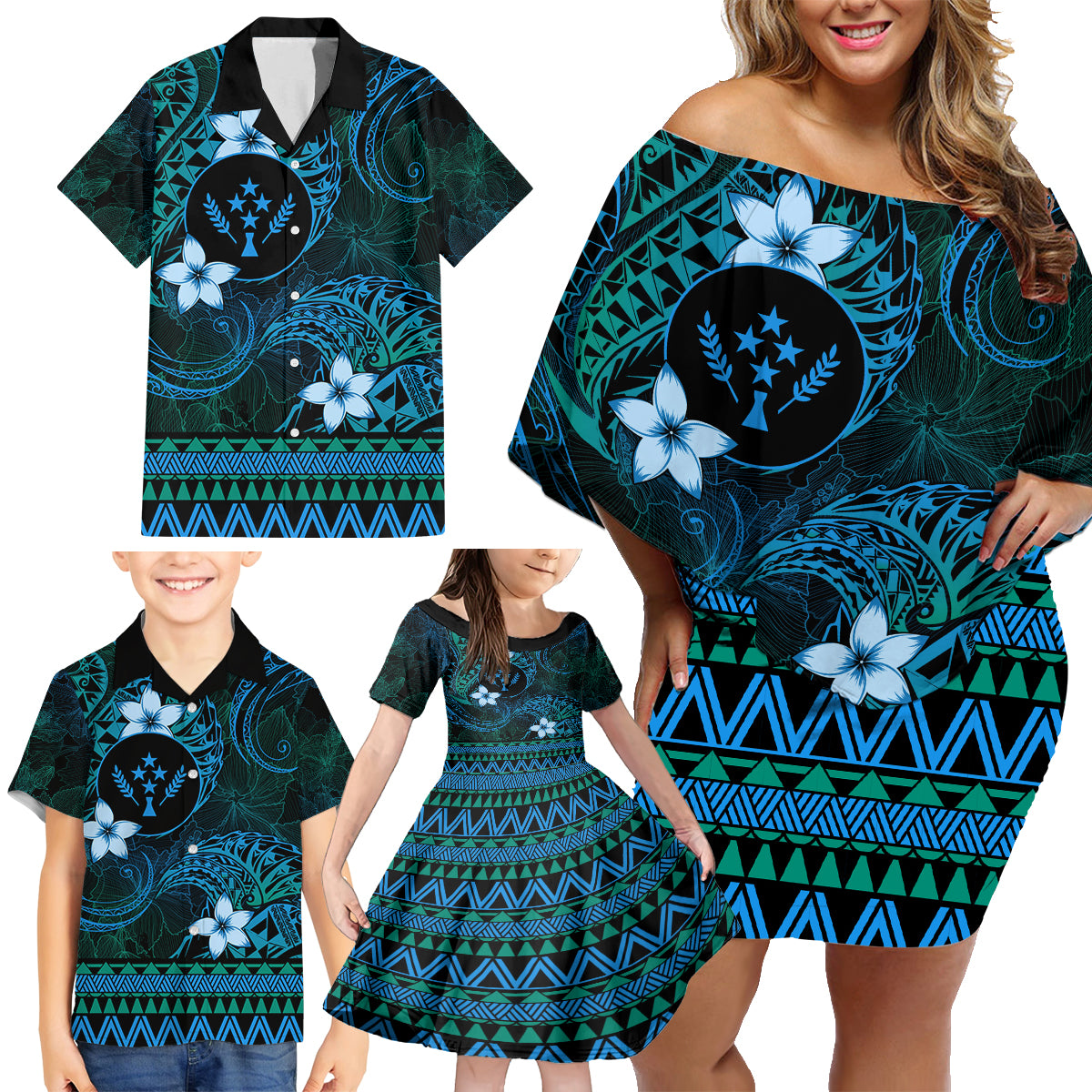 FSM Kosrae State Family Matching Off Shoulder Short Dress and Hawaiian Shirt Tribal Pattern Ocean Version LT01 - Polynesian Pride