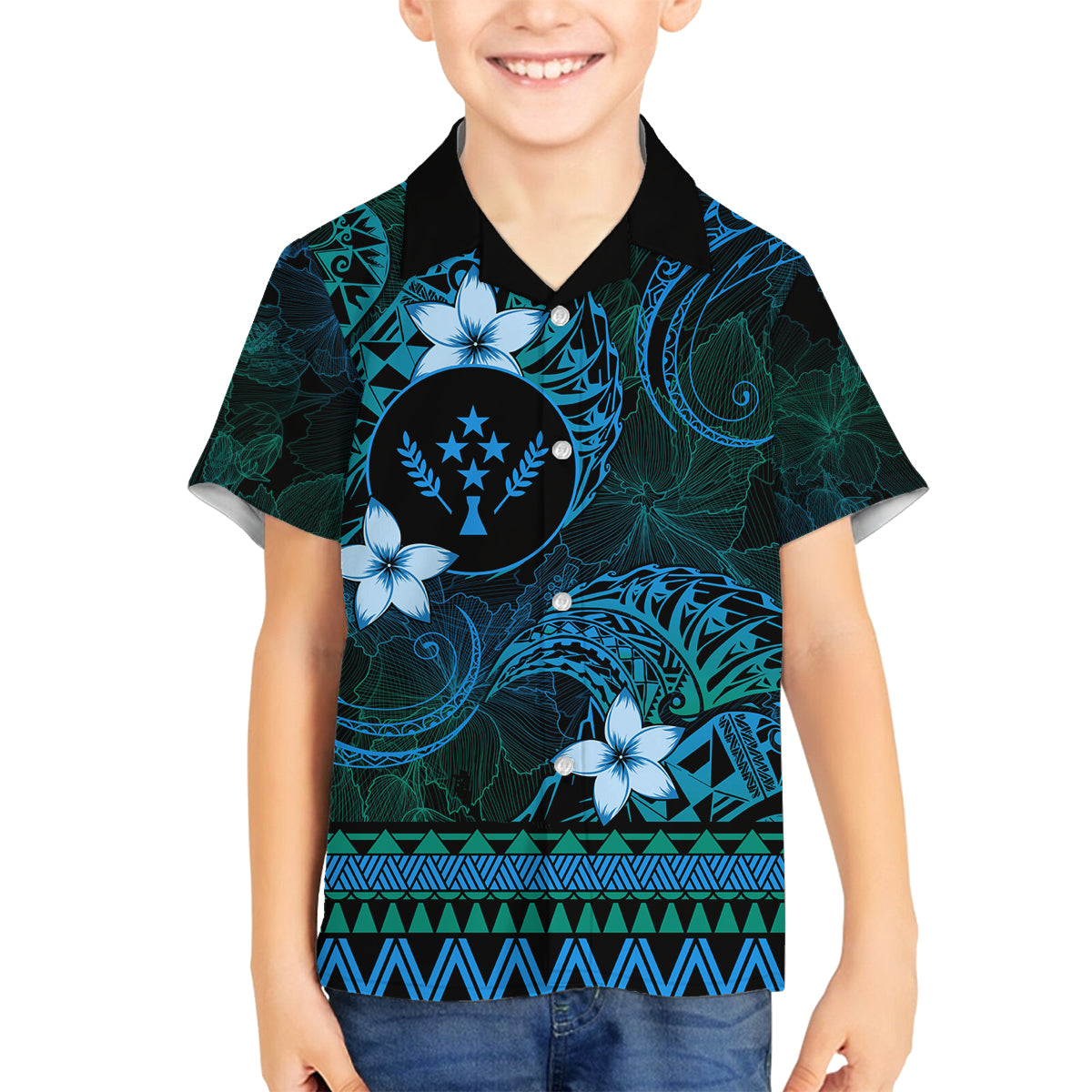 FSM Kosrae State Family Matching Off Shoulder Short Dress and Hawaiian Shirt Tribal Pattern Ocean Version LT01 Son's Shirt Blue - Polynesian Pride