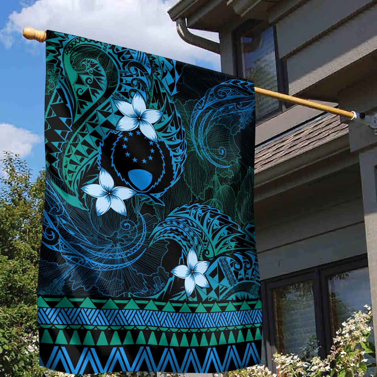 FSM Pohnpei State Garden Flag Tribal Pattern Ocean Version