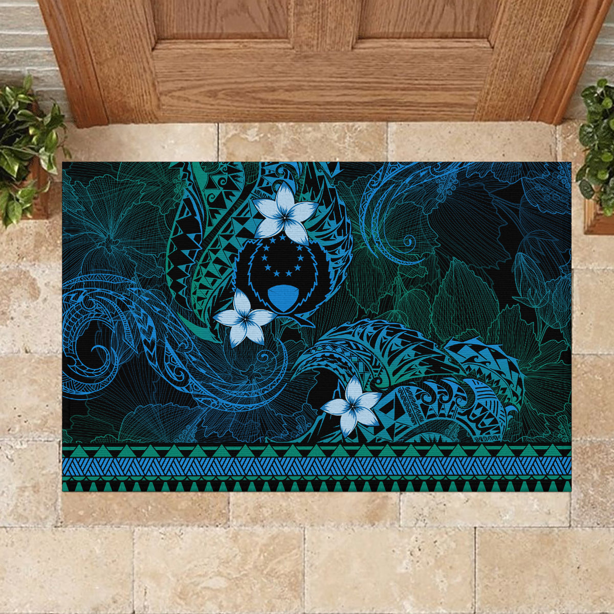 FSM Pohnpei State Rubber Doormat Tribal Pattern Ocean Version
